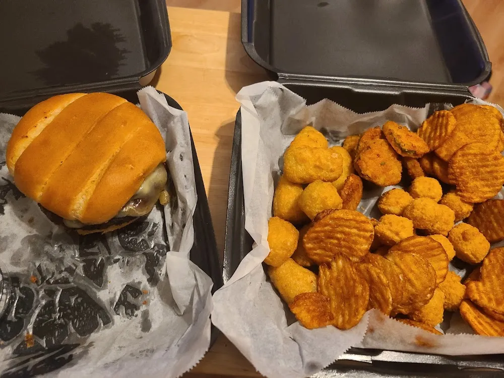 Spicy BBQ Burger Jelepeno Nuggets Pepper Jack Bites Fried Pickels and Buffalo Fries